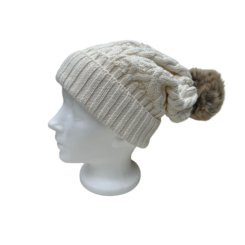 Cable Hat with Faux Fur Pom