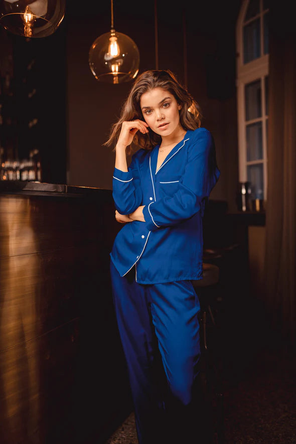 Classic Lila Satin Two-Piece Pajama Set by Averie Sleep_Long Blue