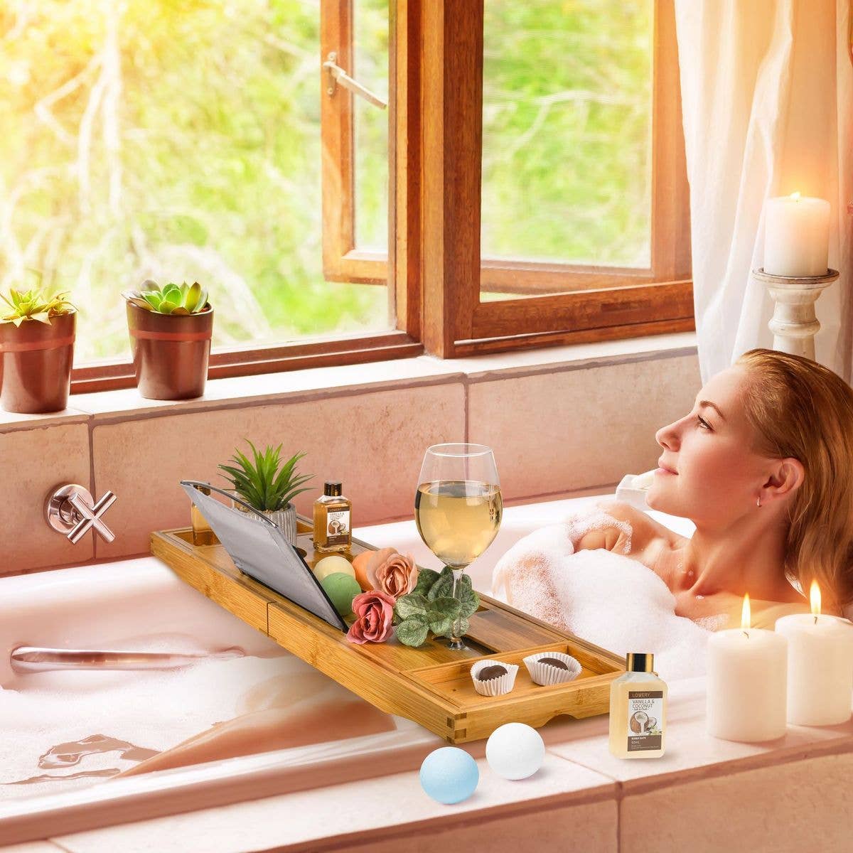 Bamboo Bathtub Caddy Gift Set - Expandable Tray + Bath Bombs_Canada