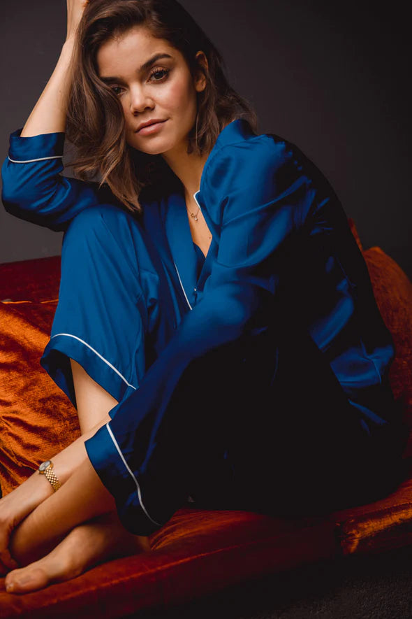 Classic Lila Satin Two-Piece Pajama Set by Averie Sleep_Long Blue