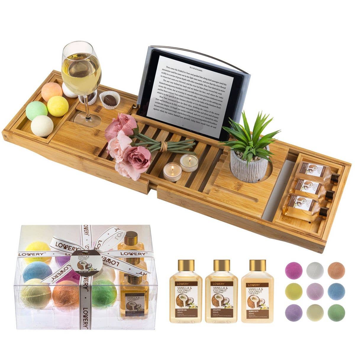 Bamboo Bathtub Caddy Gift Set - Expandable Tray + Bath Bombs_Canada
