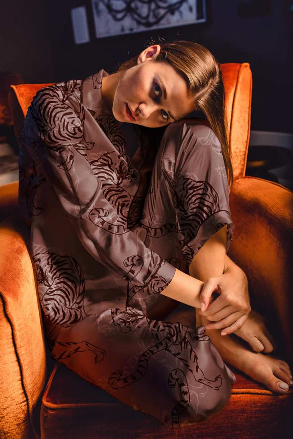 Nuru Tiger Print Two-Piece Pajama Set_Satin Pajamas_Averie Sleep_Toronto Pajamas for Women