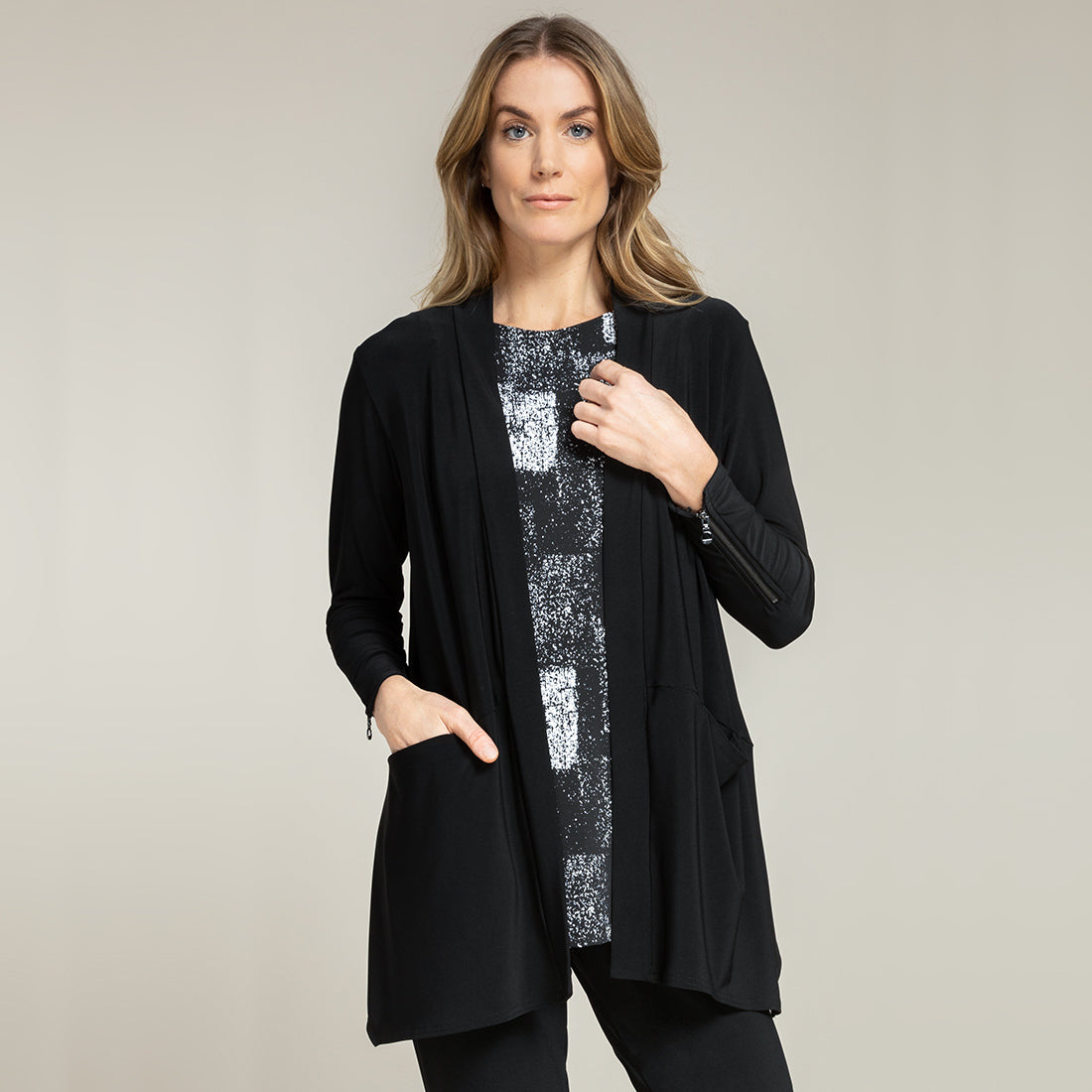 Zest Zip Back Cardi - Black, Sympli Clothing Canada