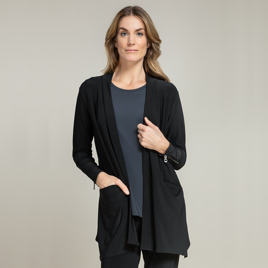 Zest Zip Back Cardi - Black, Sympli Clothing Canada