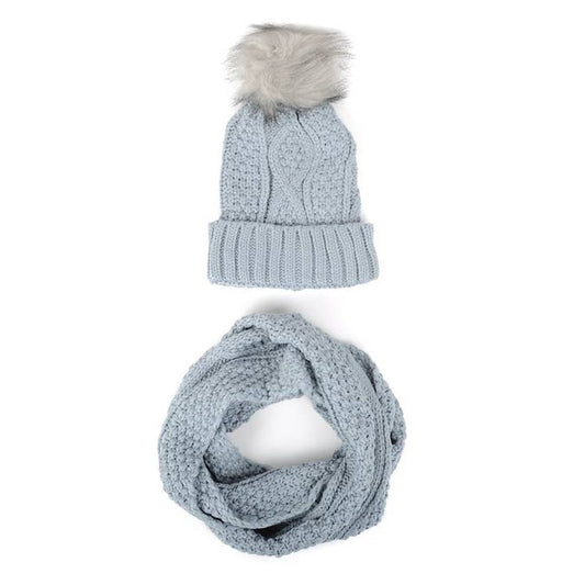 Ensemble d'hiver 2 pièces bonnet en tricot et écharpe infini pour femme : gris