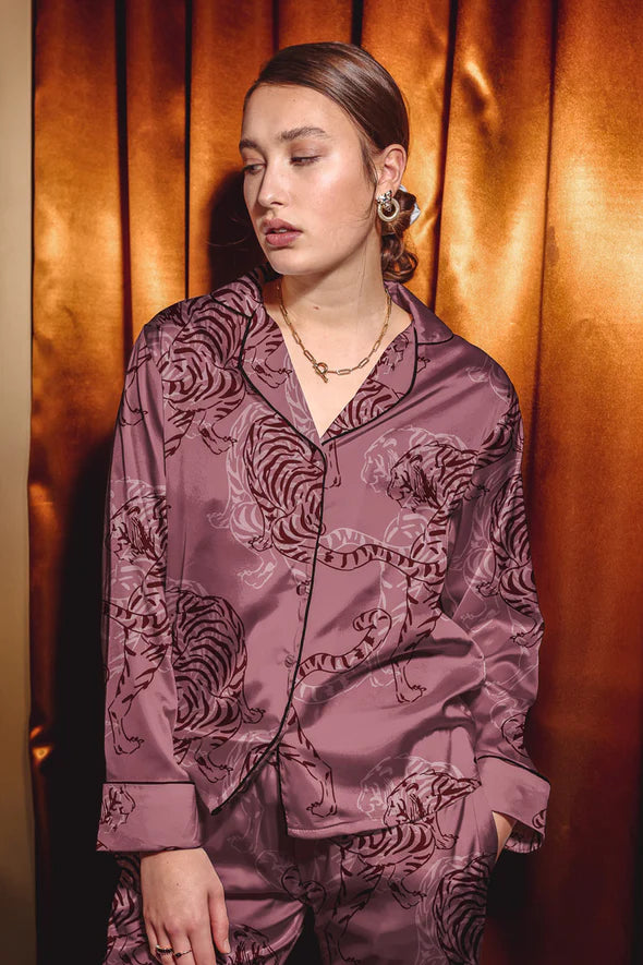 Nuru Tiger Print Two-Piece Pajama Set_Satin Pajamas_Averie Sleep_Toronto Pajamas for Women