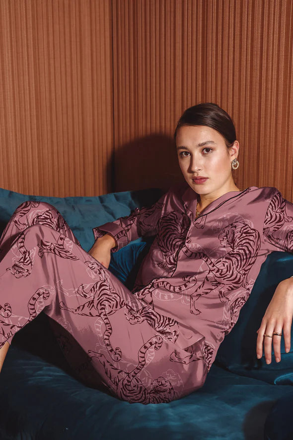 Nuru Tiger Print Two-Piece Pajama Set_Satin Pajamas_Averie Sleep_Toronto Pajamas for Women