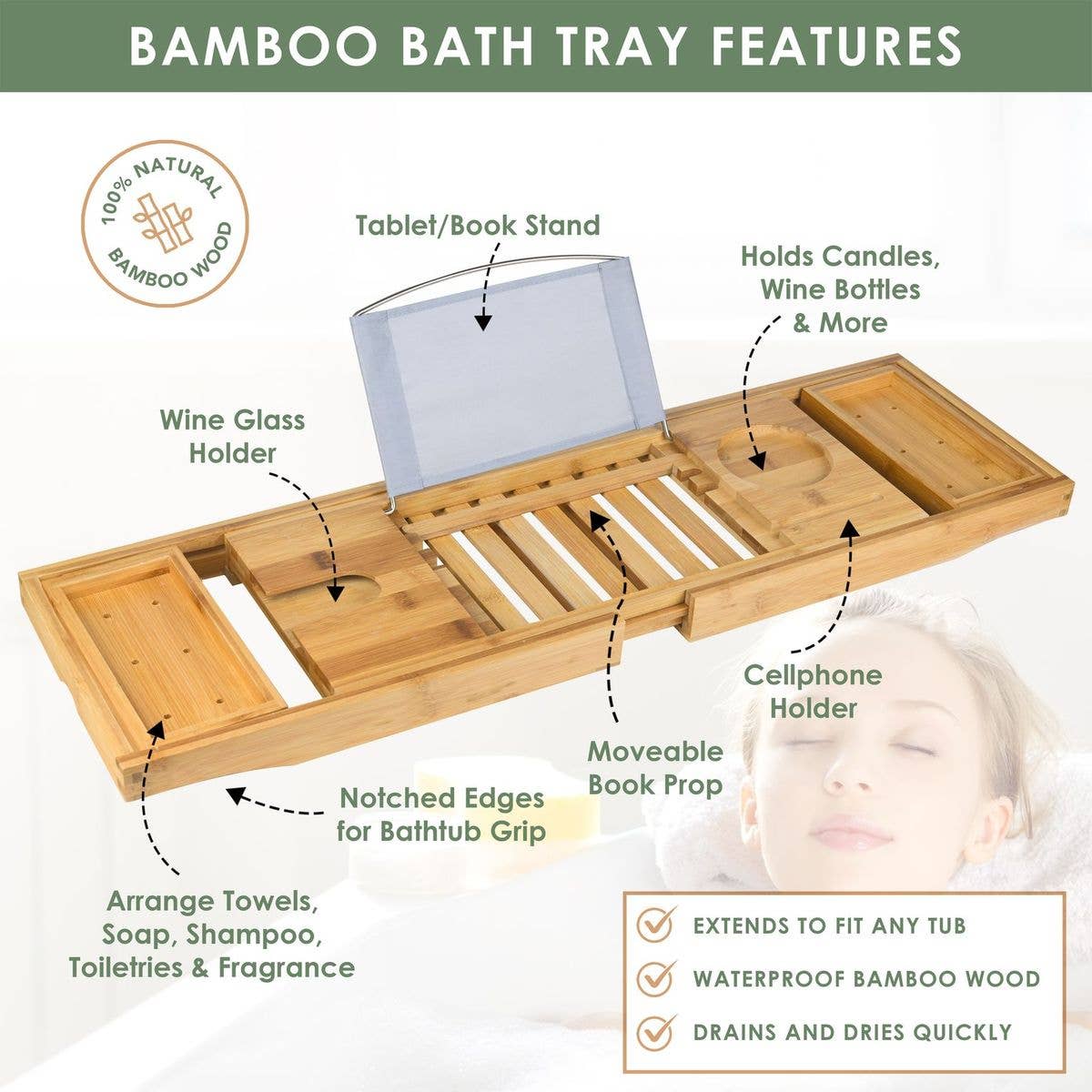 Bamboo Bathtub Caddy Gift Set - Expandable Tray + Bath Bombs_Canada